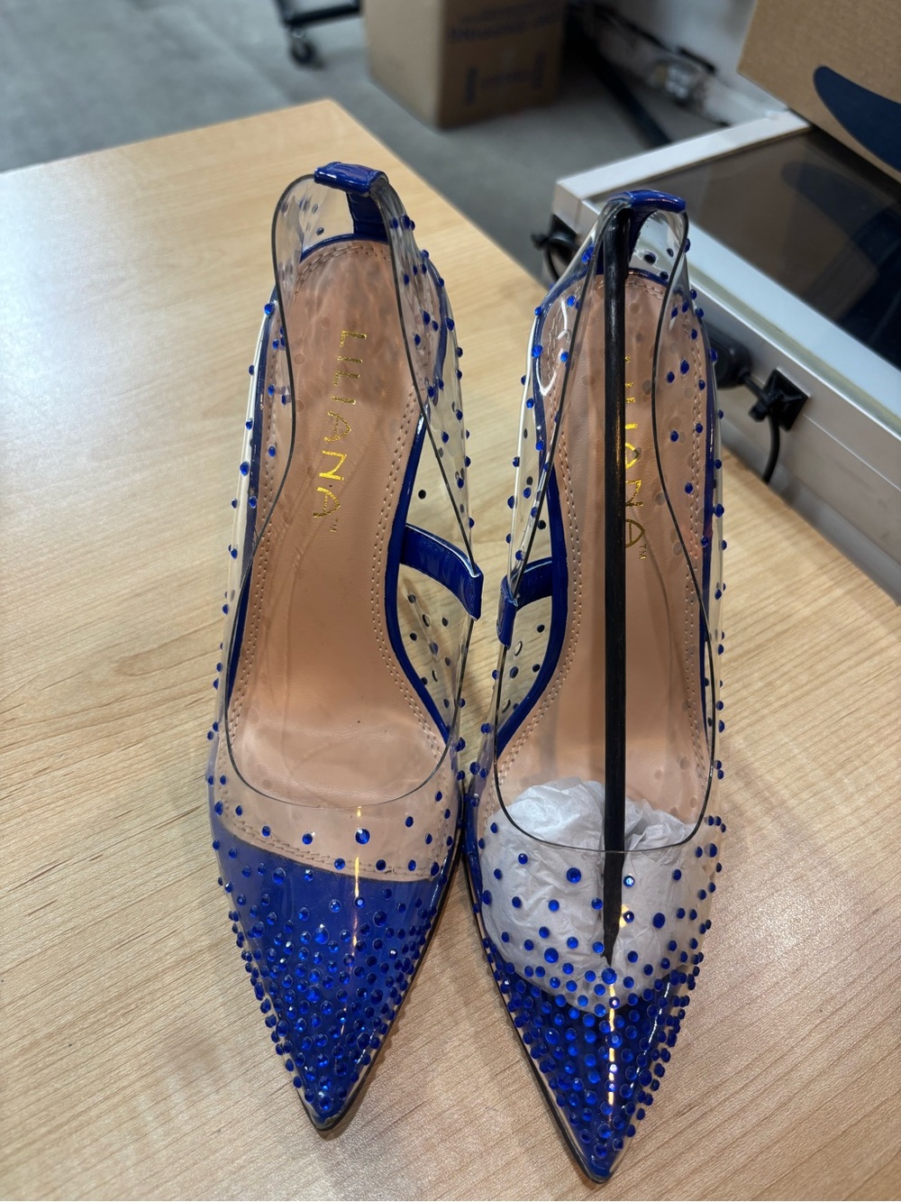 Liliana Blue Pointed Rhinestone Clear Slingback Heels
